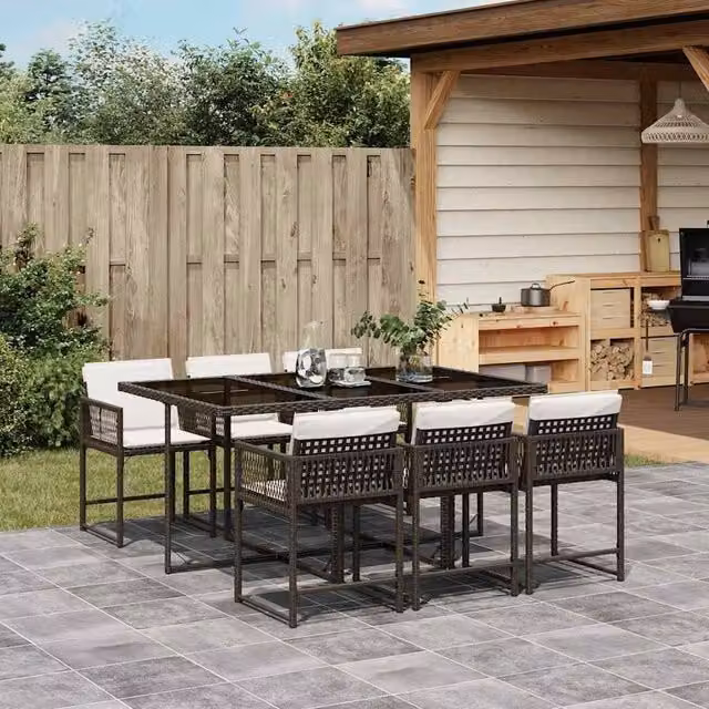 Berkfield Home Garden 6-Seater Poly Rattan Dining Set in Brown with Glass Top and Extendable Folding Table