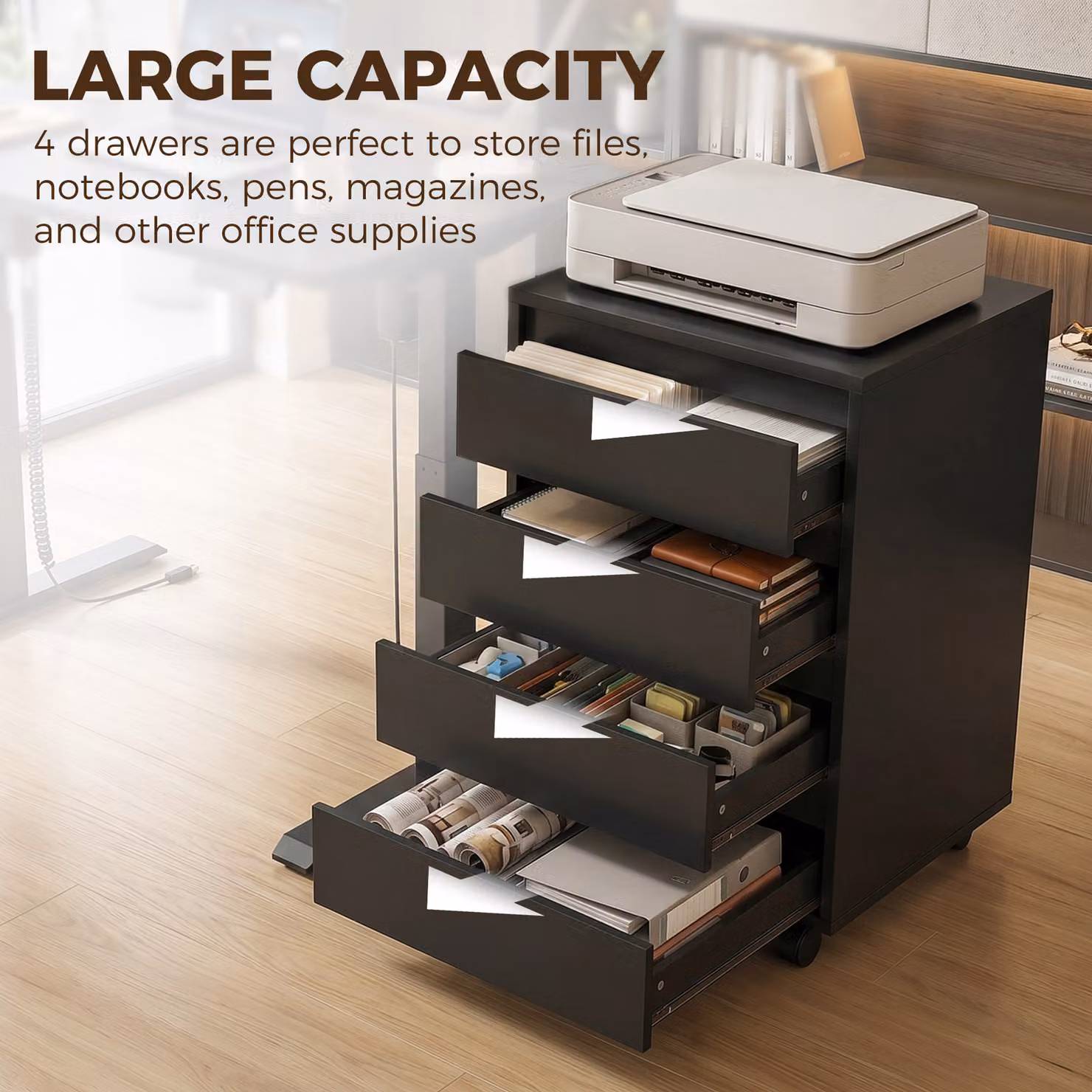 HOMCOM Four-Drawer Office Filing Cabinet with Wheels, Black – 5