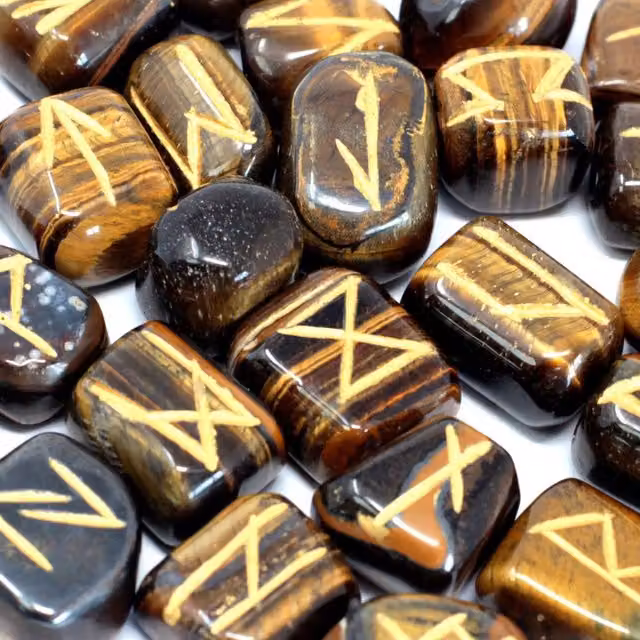 KDMK Tiger Eye Runes Stone Set in Pouch, Yellow and Brown