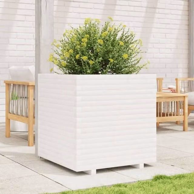 Berkfield Home Beautiful Garden Planter in White Solid Wood Pine, W/D/H: 70 x 70 x 72 cm