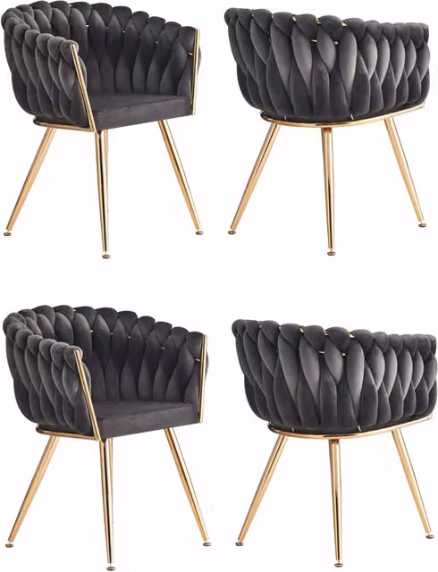 Life Interiors Set of 4 Roma Knot Velvet Dining Chairs with Armrests in Grey and Gold