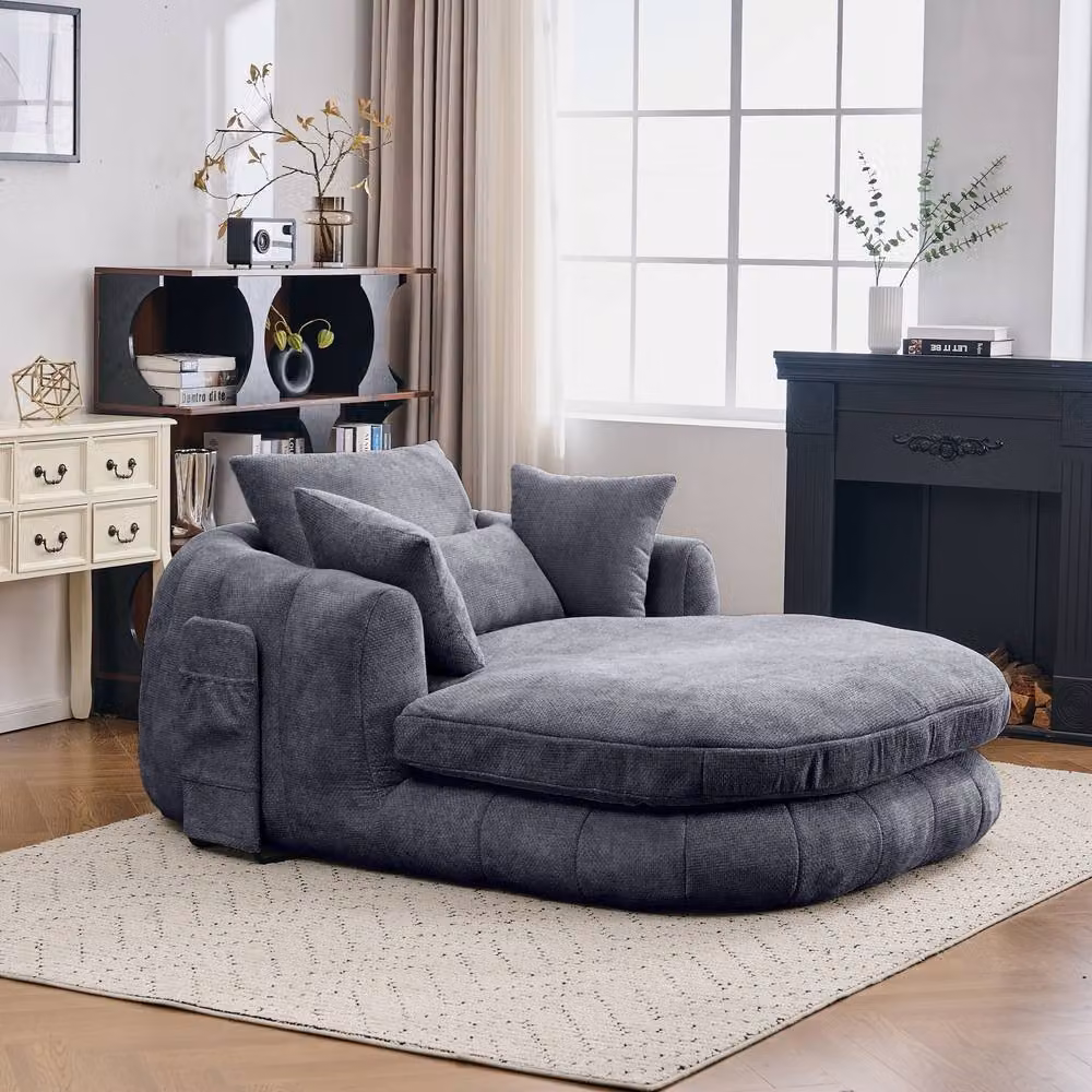 Matteo Oversized Plush Chenille Chaise Lounge Sofa with Pillows, Grey – 2
