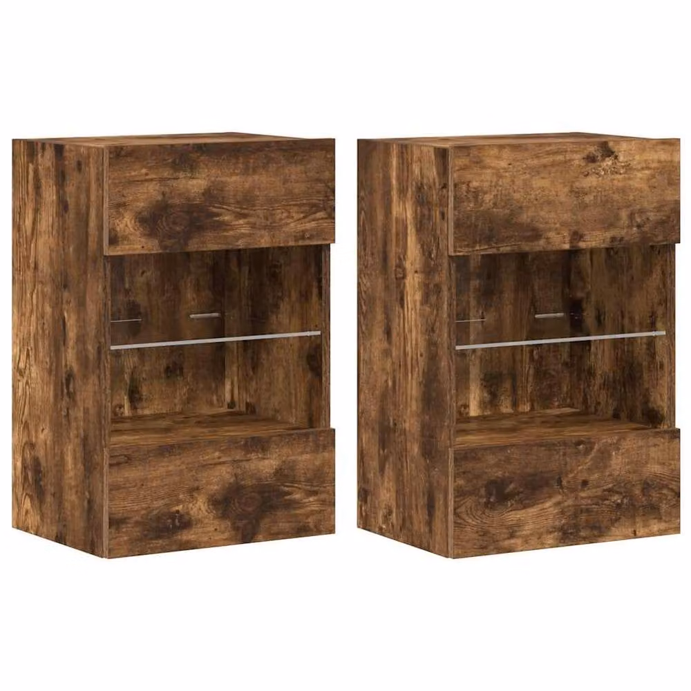 Berkfield Home Set of 2 Modern TV Wall Cabinets with LED Lights in Smoked Oak Brown, W/D/H: 40 x 30 x 60.5 cm – 3