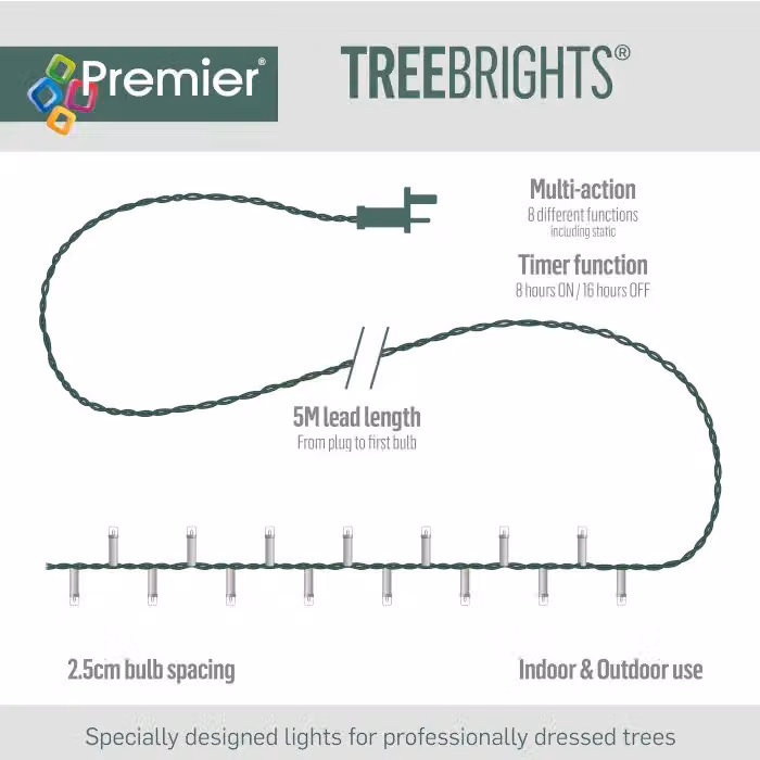 Premier Decorations TreeBrights 500 LED Christmas String Lights, Warm White, Mains Operated with Timer – 6