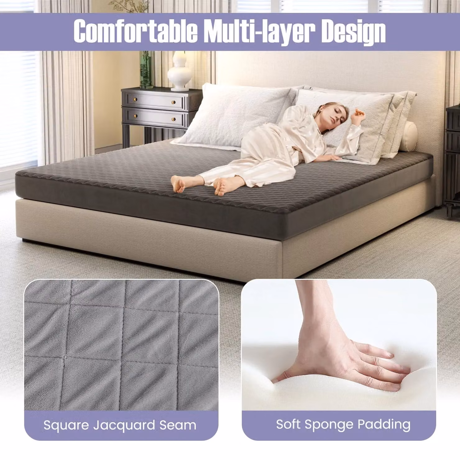 Costway Super King Size Velvet Mattress Topper and Protector in Grey, 200 x 200 cm – 3