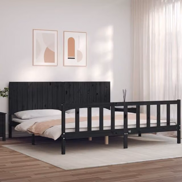 Berkfield Home Rustic Solid Pine Bed Frame with Headboard in Black, 200 x 200 cm – 1