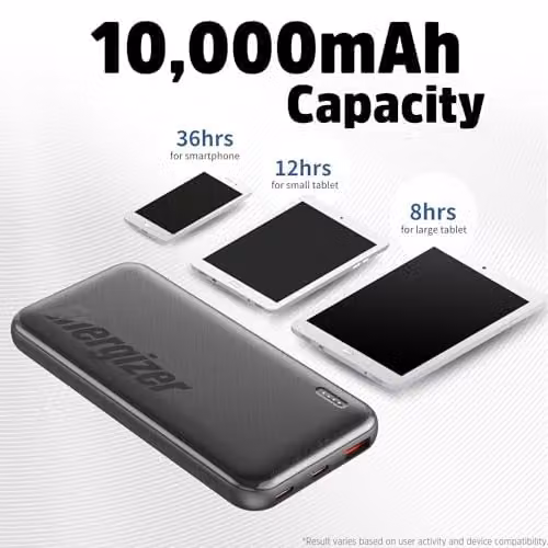 Energizer Black Power Bank 10,000mAh with USB-A and USB-C Triple Fast-Charging Ports – 2