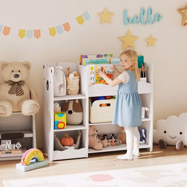 AIYAPLAY Kids Toy Storage Unit with Open Shelves and Back Panel in White