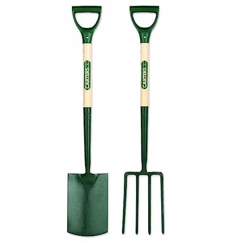 PDL Pegdev Ergonomic Steel Garden Spade and Fork Set in Green with Bent Shaft and Wood Handles