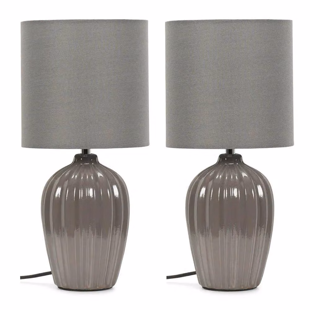ValueLights Pair of Grey Ceramic Fluted Table Lamps with Fabric Shades – 2