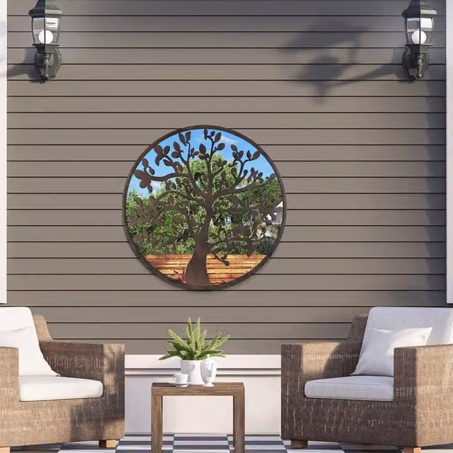MirrorOutlet Chelsea Round Metal Tree Garden Hanging Mirror in Brown, W/D/H: 80 x 80 x 1 cm