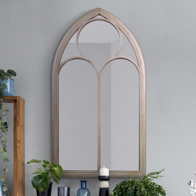 MirrorOutlet The Somerley Extra Large Rustic Metal Chapel Arched Wall Mirror in Stone and Grey