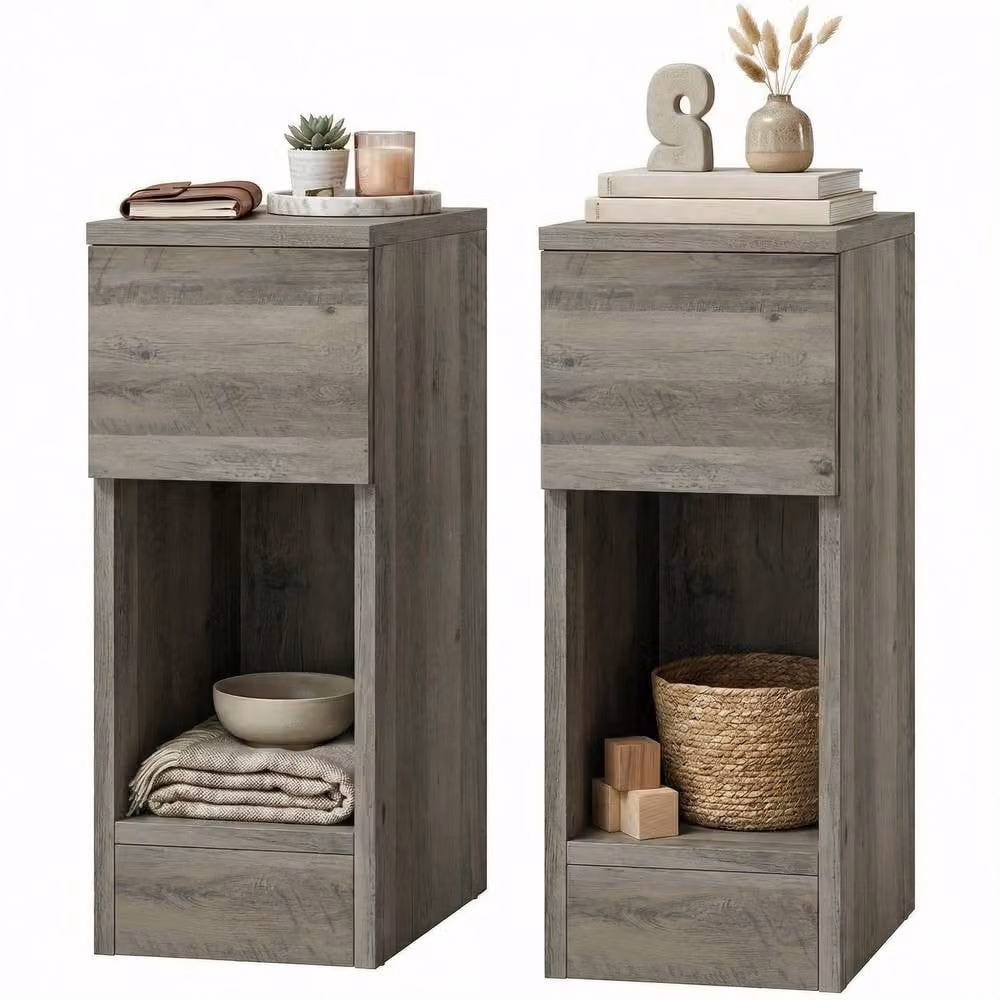 STILVORA Set of 2 Grey Modern Bedside Tables with Drawer and Shelf – 4