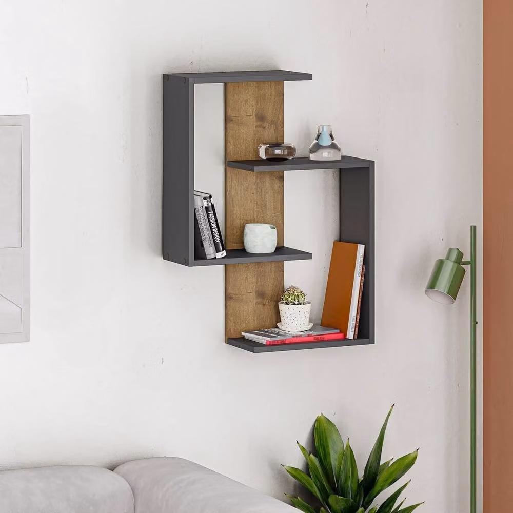 CALICOSY Wall Mounted Shelf in Oak and Anthracite Grey, Height: 85 cm – 2