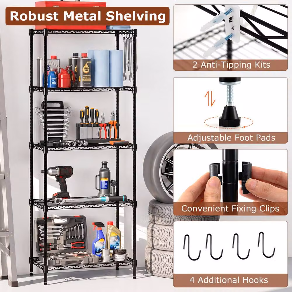 Costway 5-Tier Adjustable Metal Wire Shelving Unit in Black – 6