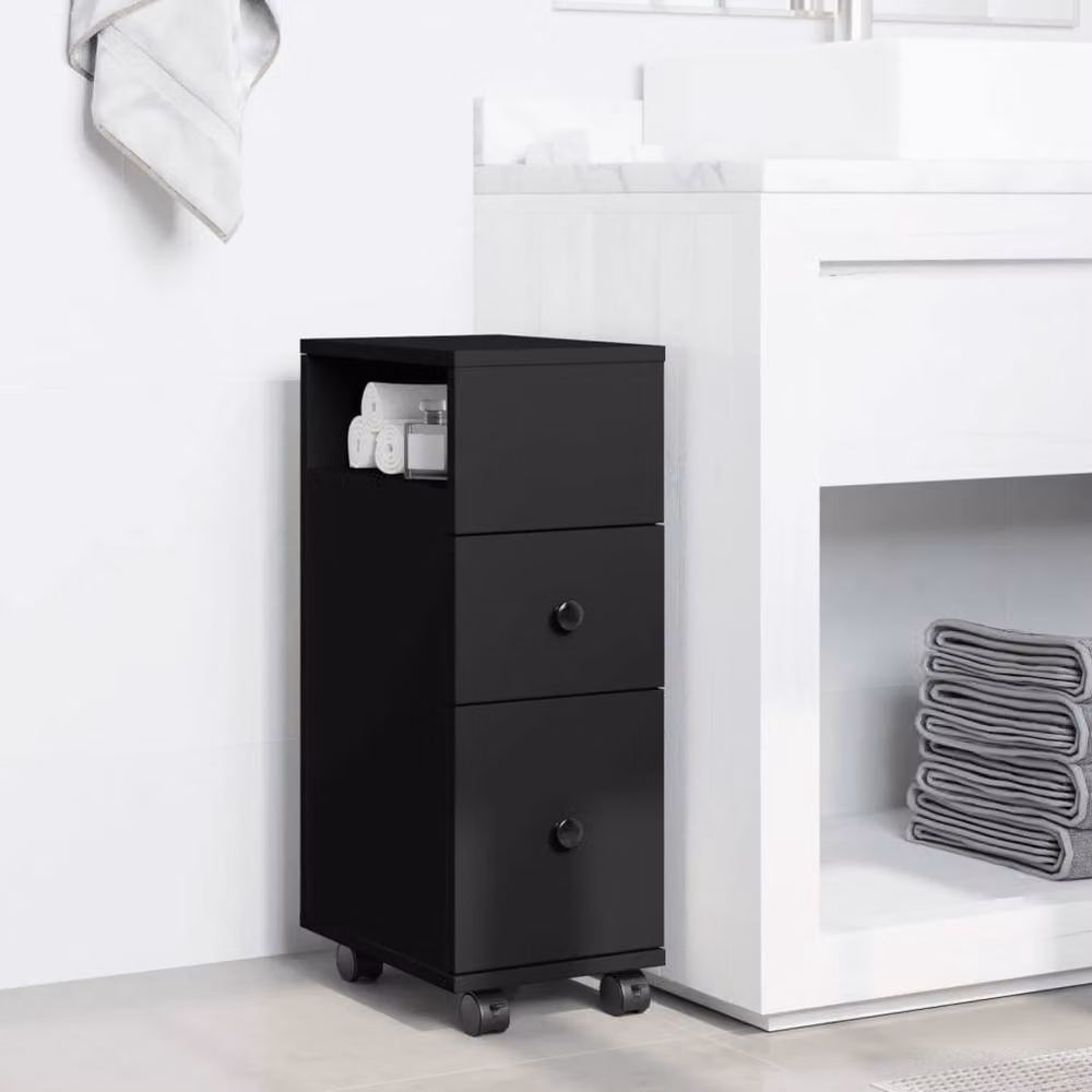 Berkfield Home Narrow Freestanding Bathroom Cabinet with Wheels in Black Matt Engineered Wood – 3