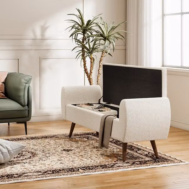 Livingandhome Teddy Fur Upholstered Storage Bench in White