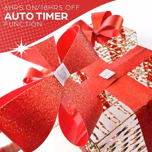 The Christmas Workshop Large Light-Up Gold and Red Gift Box Set of 3 with Warm White LED Lights and Timer Function – 4