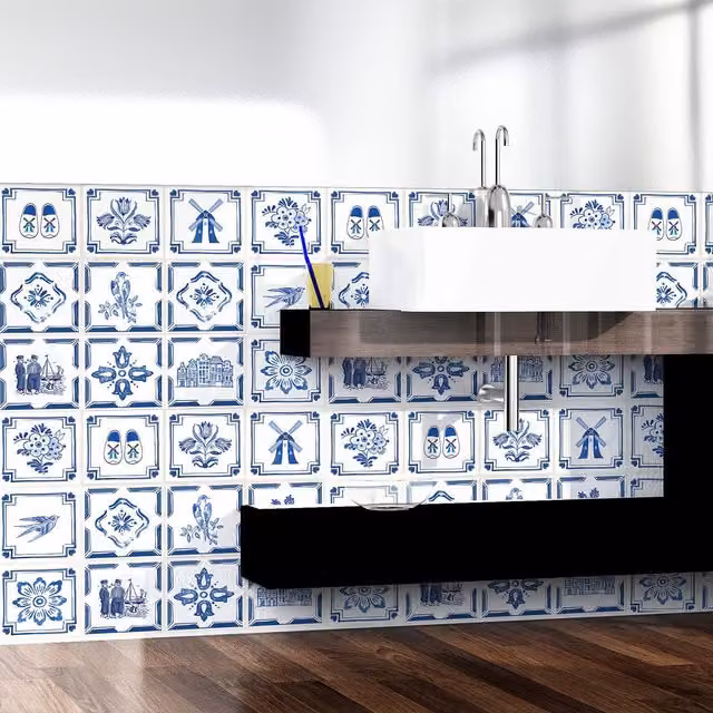 Walplus Blue Wall Tile Stickers, 24 Pack, W: 15 cm, H: 15 cm, D: 15.5 cm