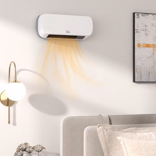 HOMCOM White Wall Mounted Ceramic Fan Electric Heater with Timer, Overheat Protection and Remote Control