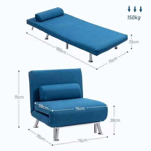 HOMCOM Blue 3-in-1 Convertible Folding Sofa Bed Chair with Armrests and Metal Frame, W/D/H: 75 x 75 x 70 cm – 3