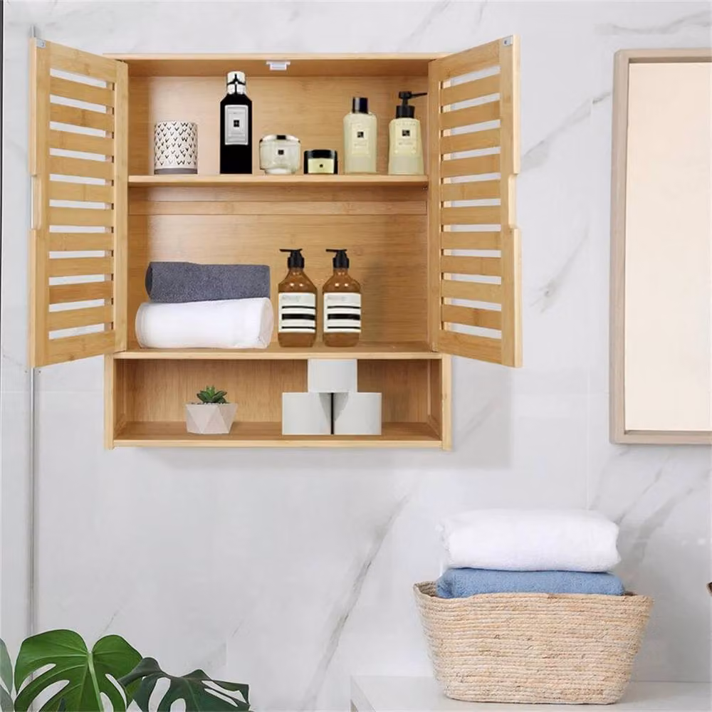 KORVIXA Wall Mounted Bamboo Bathroom Cabinet in Natural Brown, W: 70 cm, H: 75 cm – 3