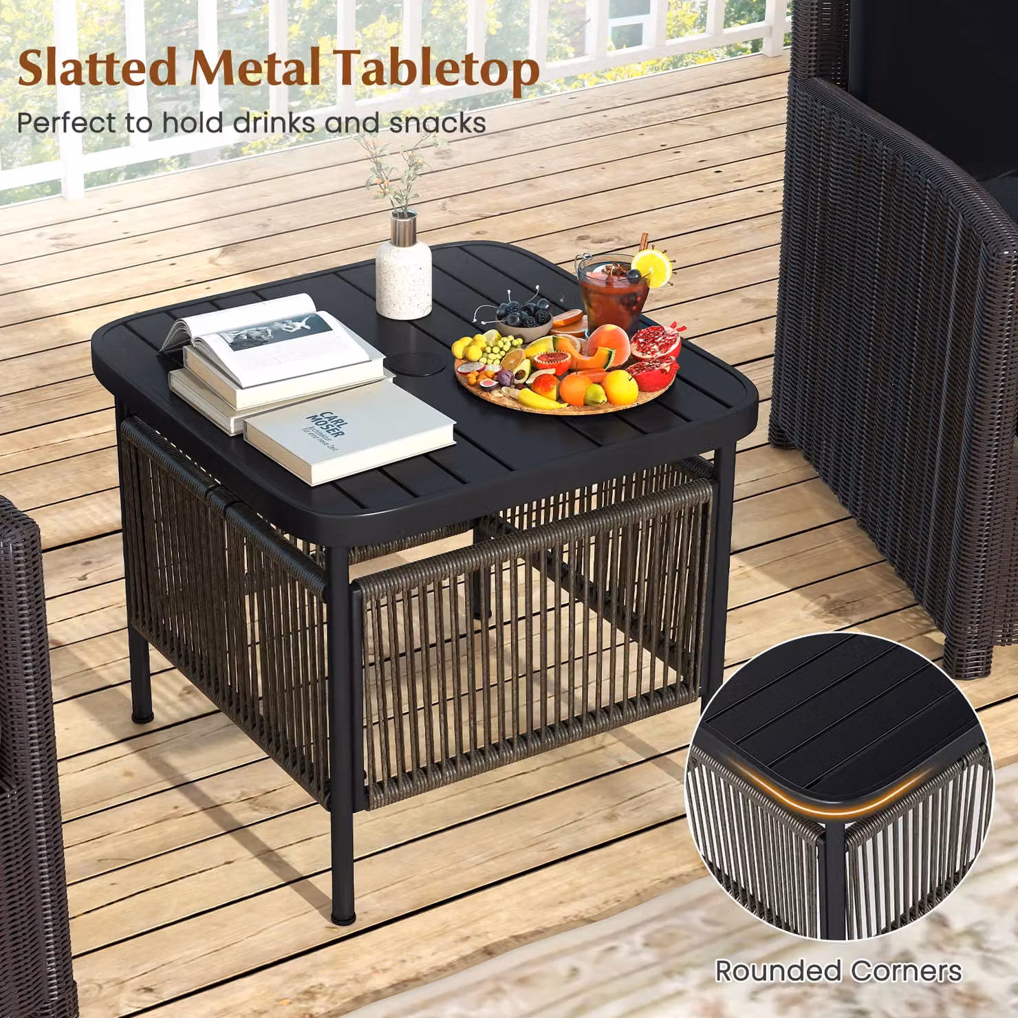 Gymax Outdoor Square PE Rattan Side Table in Dark Grey with 5cm Umbrella Hole – 5