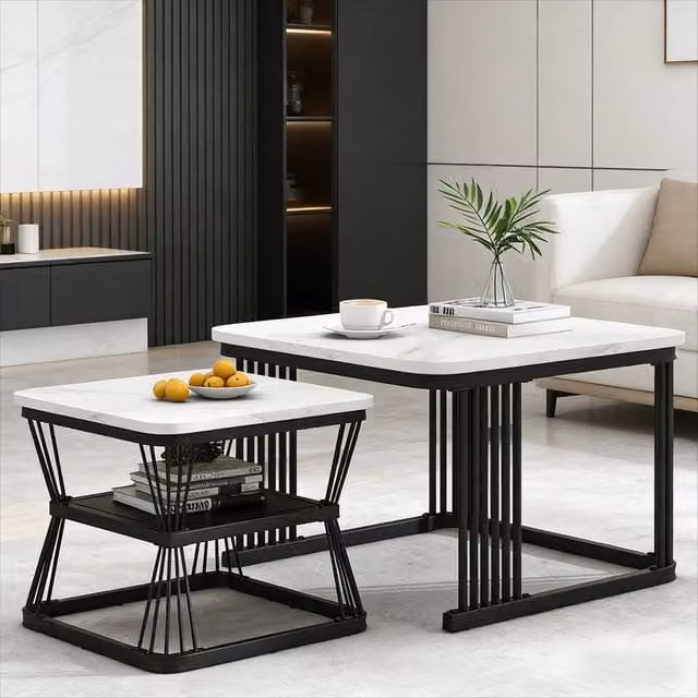 BTM Set of 2 Square Nesting Tables in White and Black with Marble Effect MDF Tops and Metal Frames