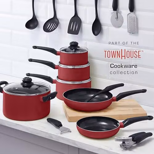 Swan Townhouse 14 Piece Red Aluminium Cookware and Tool Set with Ceramic Coating, 16cm, 18cm and 20cm Saucepans with Glass Lids and 20cm and 26cm Frying Pans – 6
