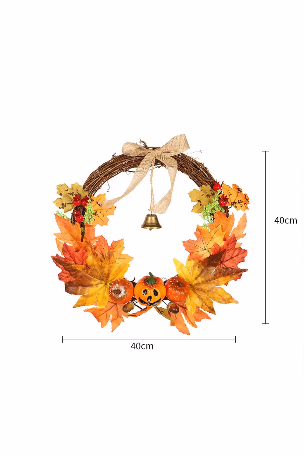 Living and Home Pre-Lit Halloween Wreath with Face and Maple Leaves in Orange, Diameter: 40 cm – 3