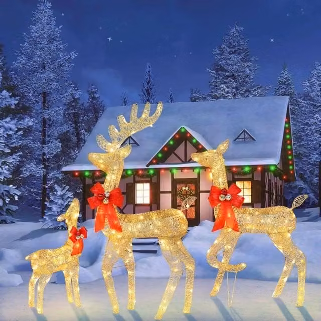 Kelvenix Set of 3 Pre-lit Reindeer Family LED Garden Christmas Decorations in Yellow with Warm White Lights – 1