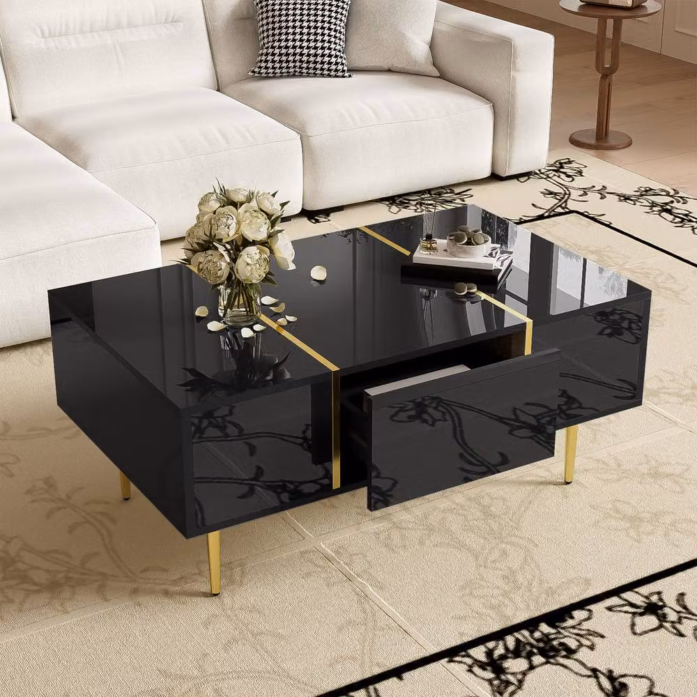 Merax High-Gloss Coffee Table with 2 Drawers in Black, W: 60.0 cm, D: 41.5 cm, H: 60.0 cm – 3