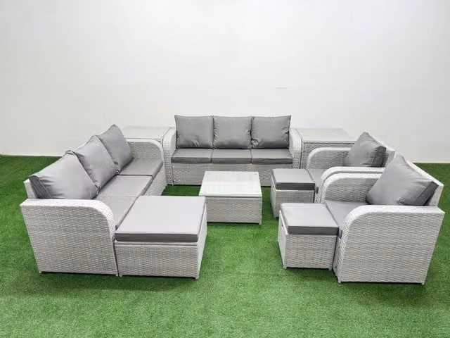 Fimous PE Rattan High Back Lounge Sofa Set in Light Grey with 3 Seater Sofa, Reclining Chair, 3 Stools, 2 Side Tables and Square Coffee Table