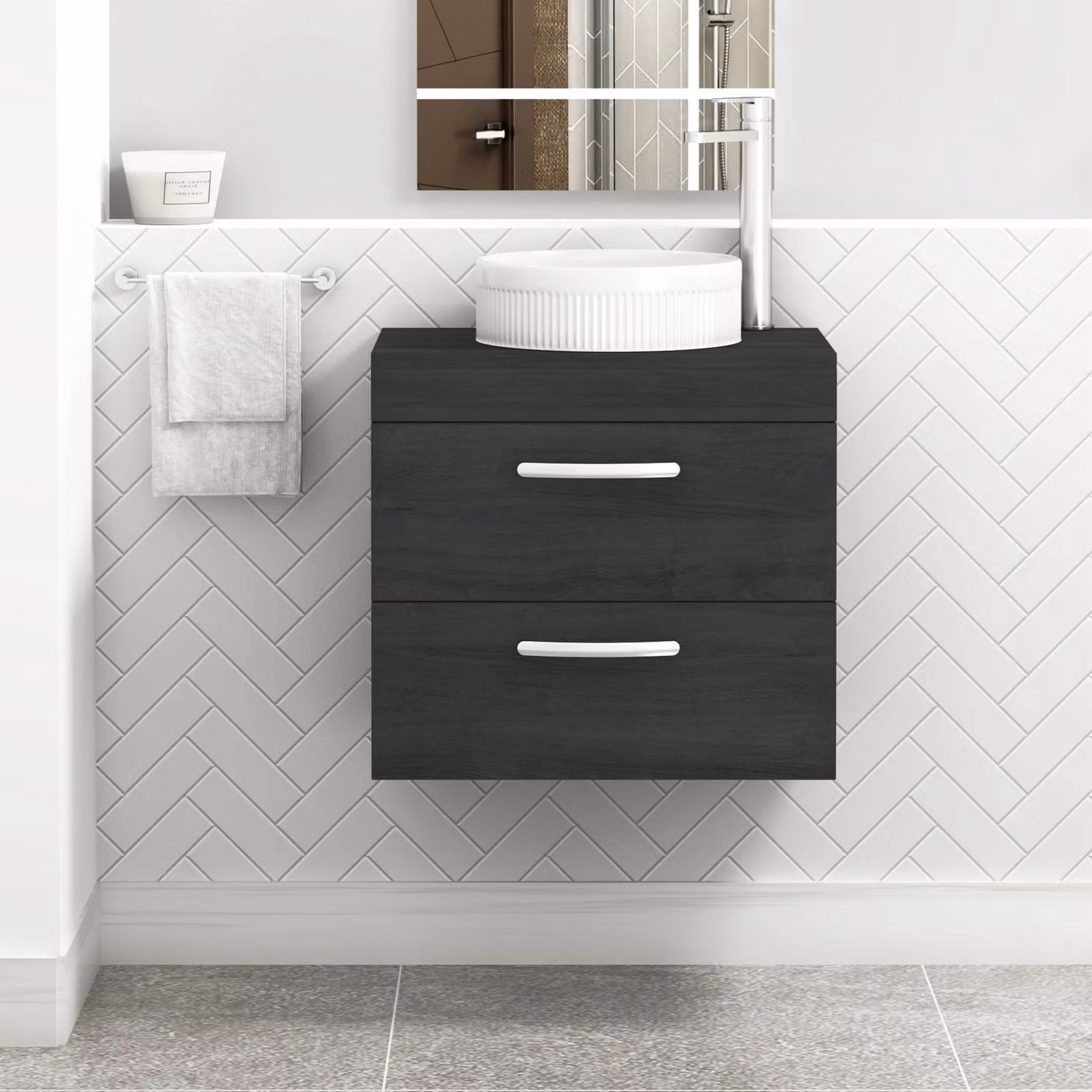 Royal Bathrooms Turin Wall Hung 2 Drawer Vanity Unit in Hale Black with Round Countertop Basin