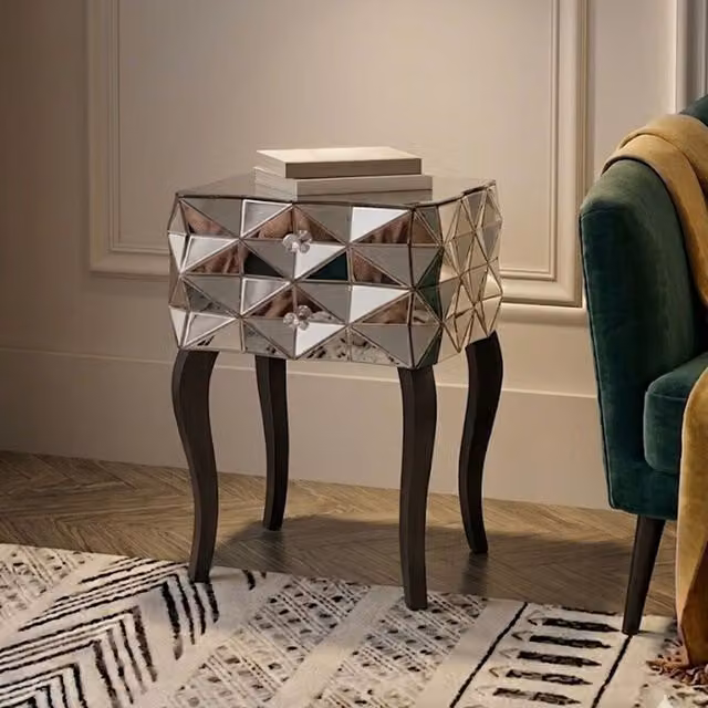 Orsina 2 Drawer Bedside Table in Silver with Cut Glass Handles and Mirror Top, W/D/H: 48 x 48 x 74 cm – 1
