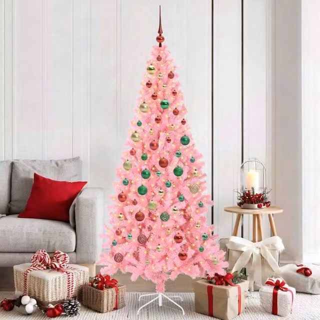 Berkfield Home Pink PVC Christmas Tree with 300 LEDs and Stand, Height: 180 cm – 1