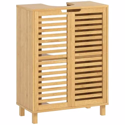 HOMCOM Freestanding Under Sink Bathroom Cabinet in Brown with Adjustable Internal Shelves and Hinged Doors