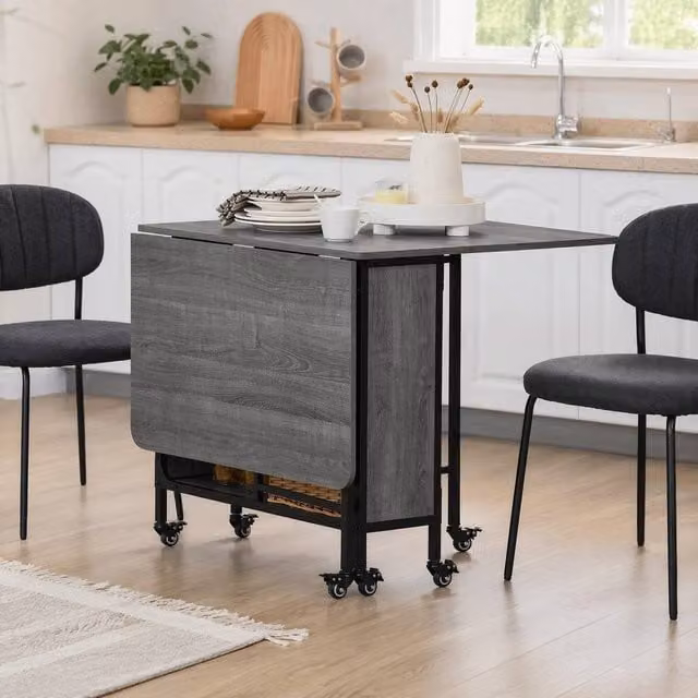 STILVORA Modern Grey Extendable Drop Leaf Dining Table with Castors and Storage Shelf – 1
