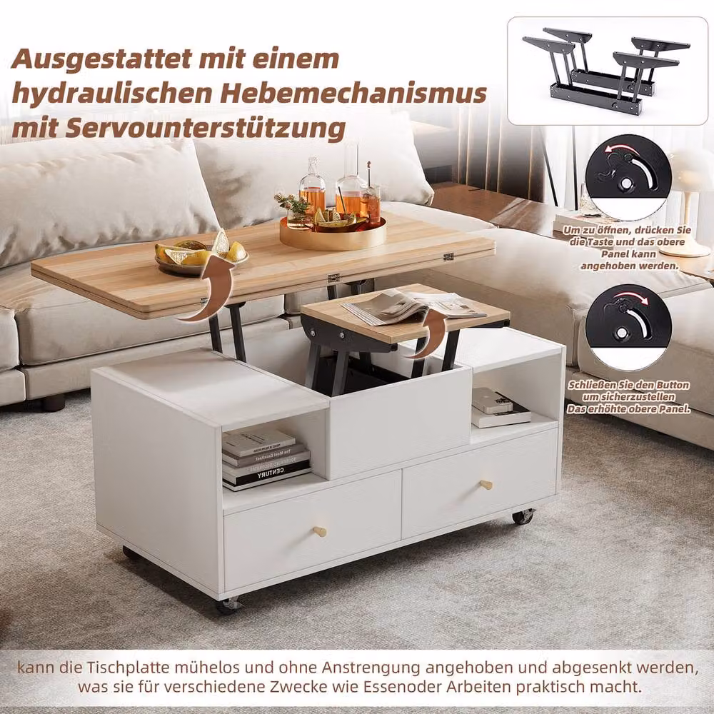 Rolipo White Lift Top Coffee Table with 4 Drawers, Wheels and Extendable Top, 2 Pack – 2