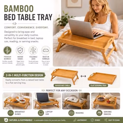 Almineez Bamboo Bed Tray Table with Folding Legs in Brown, W/D/H: 40 x 32 x 18 cm – 2