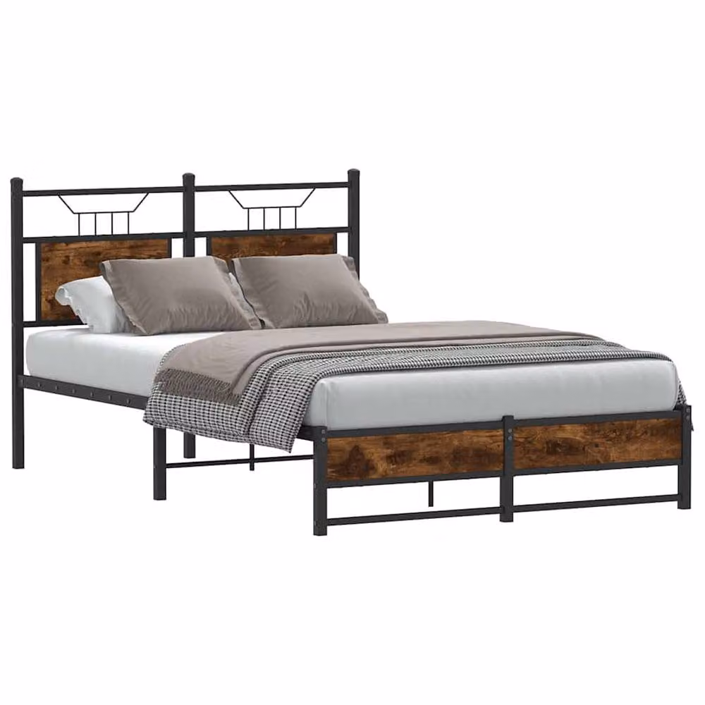 Berkfield Home Small Double Wood and Metal Bed Frame in Smoked Oak Brown, W/D/H: 120 x 190 cm – 3