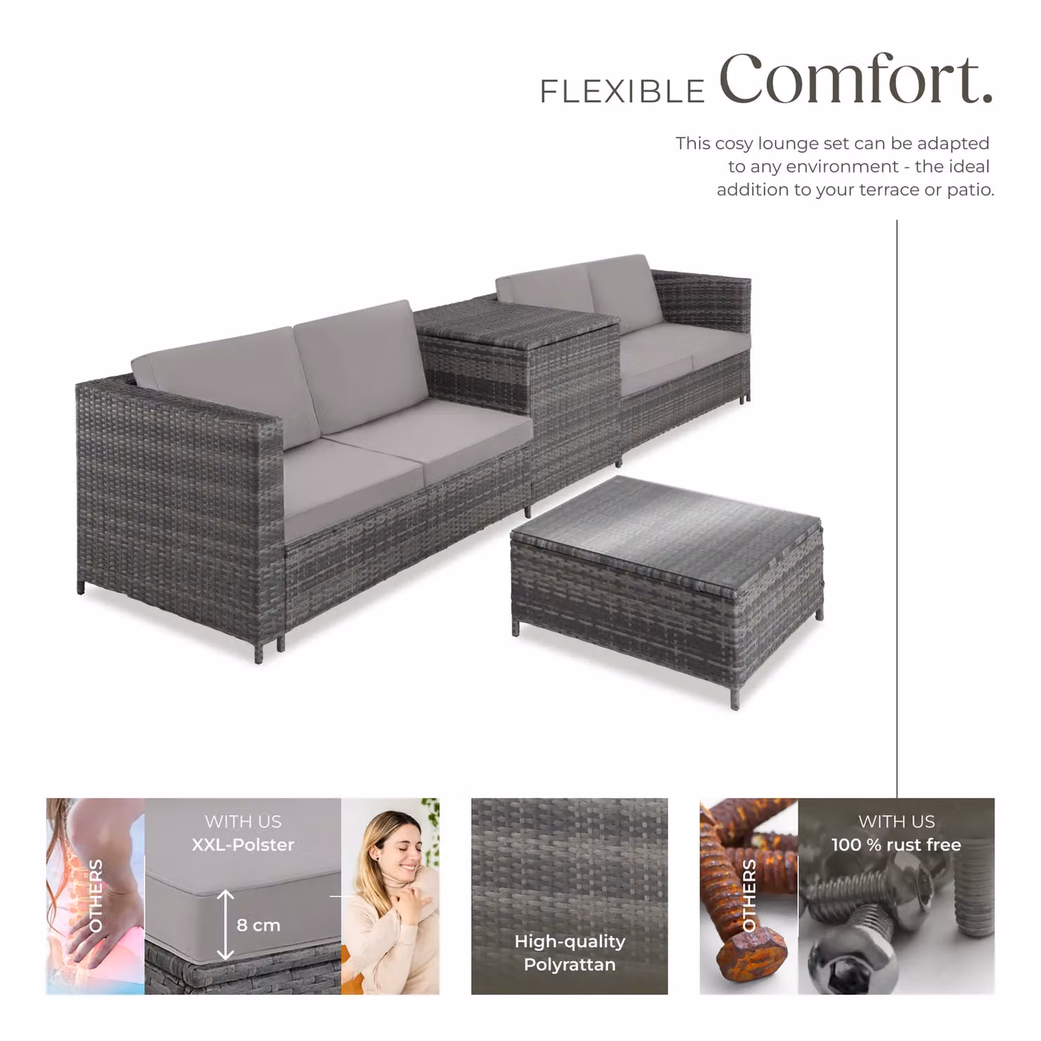 tectake Siena Garden Furniture Set in Grey with Rattan, Metal and Glass for 4 Adults – 3