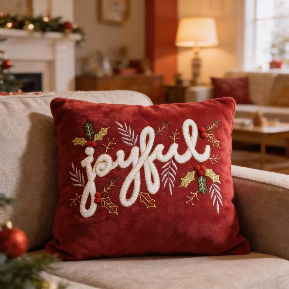 Luxury Living Red Velvet Joyful Christmas Embroidered Cushion with Hollow Fibre Pad, W/D/H: 45 x 45 x 45 cm – 2