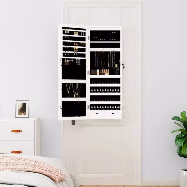 Berkfield Home White Wall Mounted Mirror Jewellery Cabinet with LED Lights and Lock, H 106.0 x W 37.5 x D 10.0 cm – 1