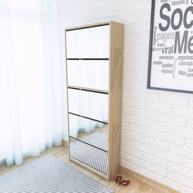 Berkfield Home 5-Layer Oak Shoe Cabinet with Mirror in Brown, W: 63 cm, D: 17 cm, H: 169.5 cm