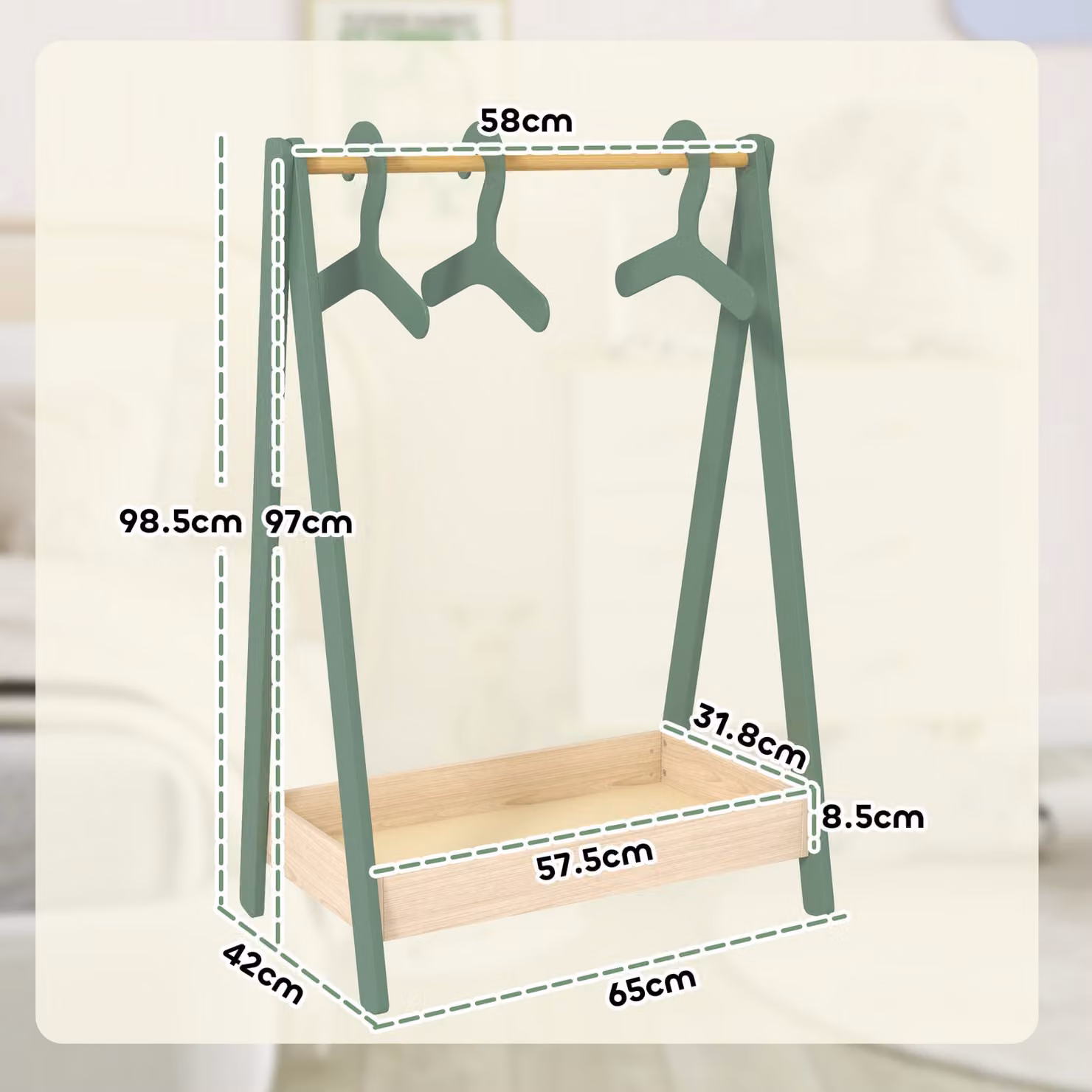 AIYAPLAY Kids Clothes Rail with 3 Hangers and Bottom Storage Shelf, Green – 3