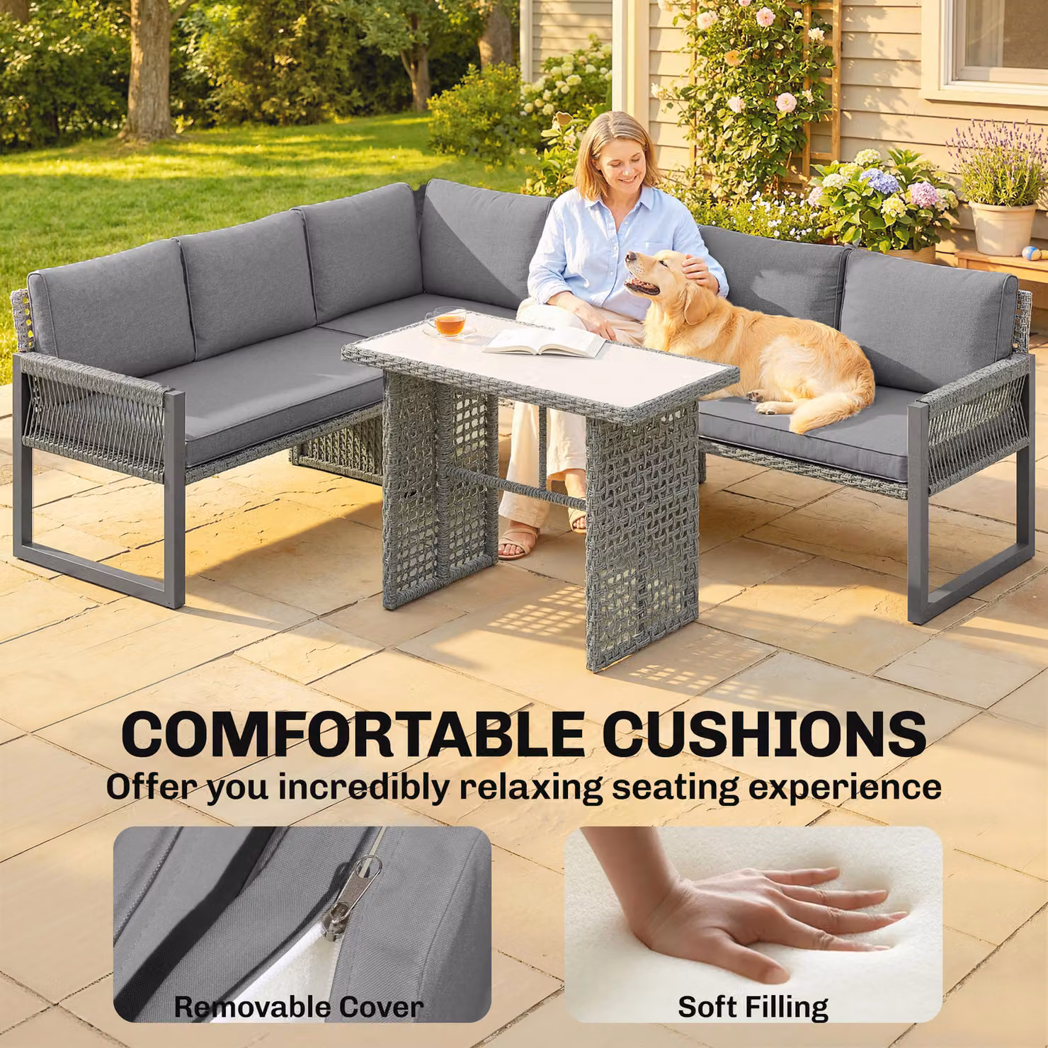 Outsunny 6 Seater Grey Rattan Garden Furniture Set with L-Shape Corner Sofa, 2 Seater Sofas, Coffee Table and Upholstered Cushions – 4