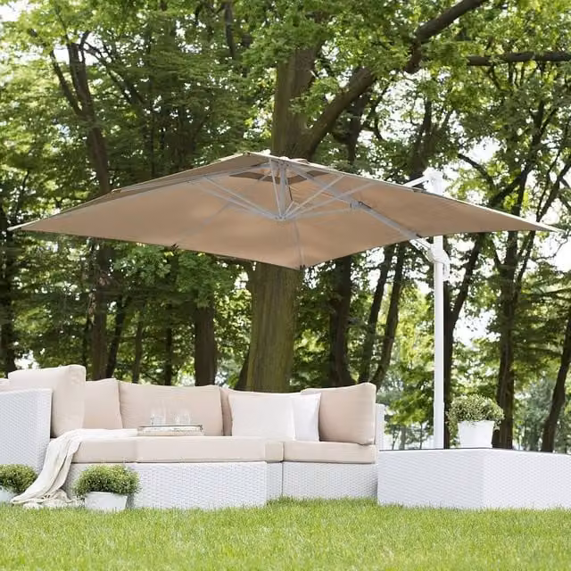 Wyld and Coco Cantilever Garden Parasol with Sand Beige Polyester Canopy and White Steel Pole, Height: 235 cm – 1