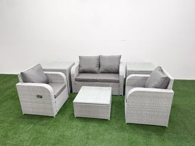 Fimous 4 Seater Grey PE Wicker Rattan Garden Furniture Set with 2 Seater Sofa, Reclining Armchairs, Coffee Table and 2 Side Tables