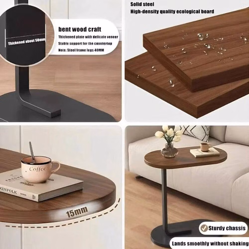 FORGEVIO Modern C-Shaped Compact Sofa Side End Table in Brown with Height-Adjustable Wood and Metal Frame – 4